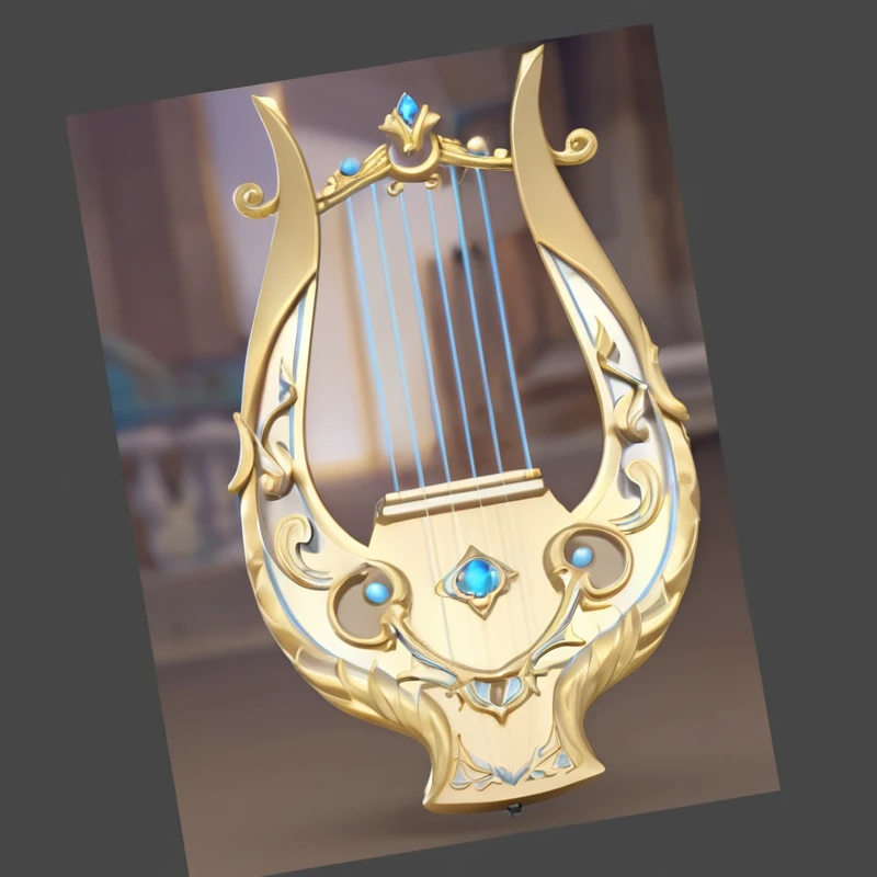 there is a golden harp with a blue eye on it, guitar Concept Art, Overwatch, harp, poet, Concept Art, Concept Art, (Fantasy Violin), Rendering in KeyShot, old, lute, Stylized STL, Keqing from genshin impact, with an harp, Severe jpg artifacts, finished Concept Art, Detailed fan art