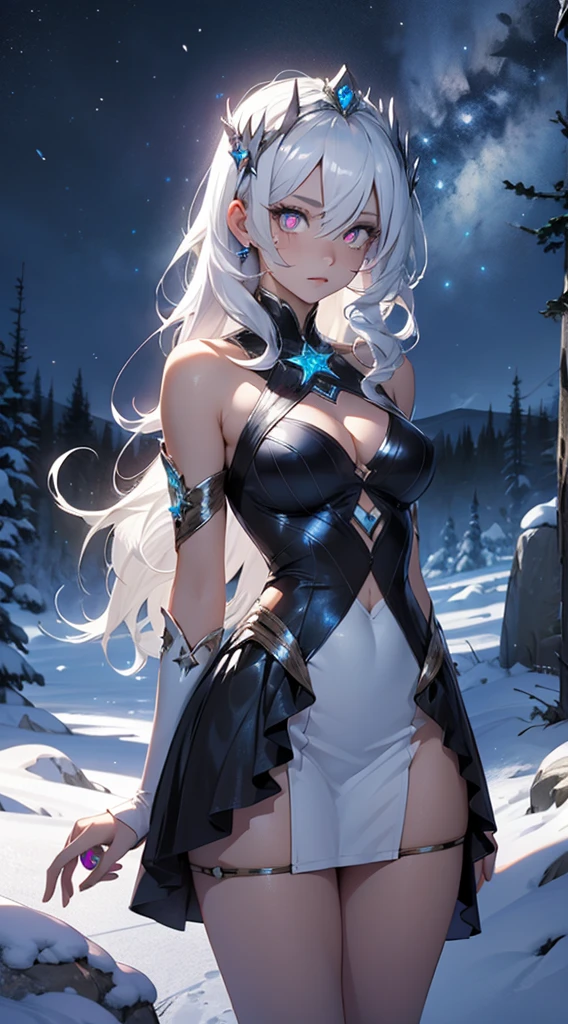 1girl, beautiful, godess dress, ice godess, transparent dress, very long hair, in the snow moutains
,starrystarscloudcolorful,(unusual pupils), (glowing eyes), (magic eyes)