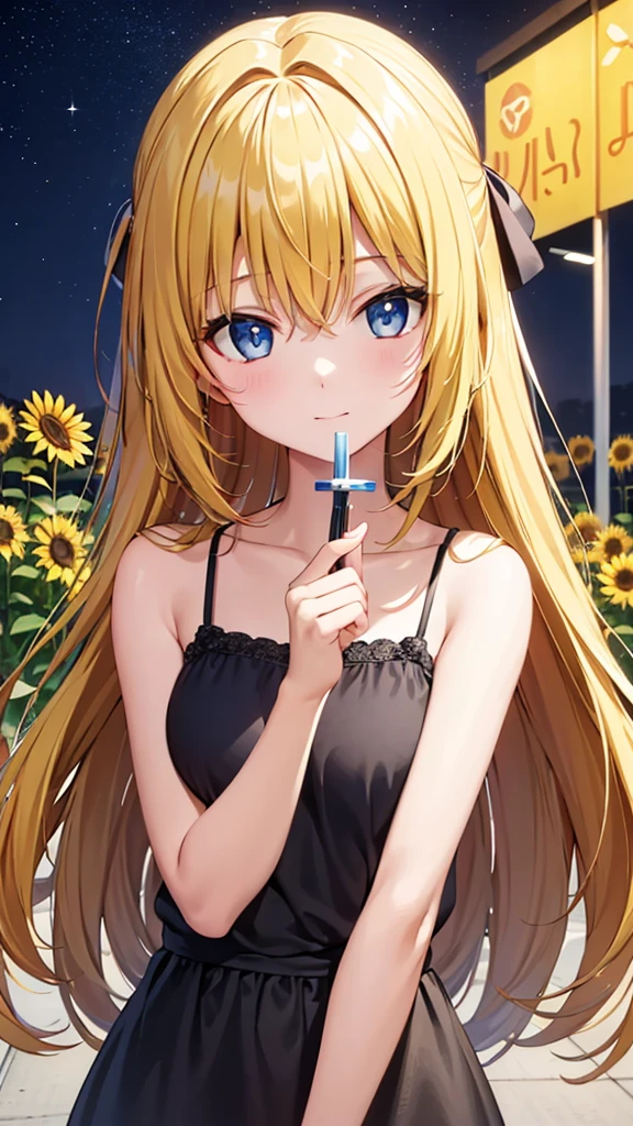 (masterpiece:1.3), (best quality:1.1), (8k, ultra detailed, ultra high res:1.2), ((anime style)), perfect 5 fingers, perfect anatomy, behind arms back,
1girl,
BREAK long hair, wavy hair,
(blonde hair), (blue eyes), BREAK medium breasts, (camisole, Sequins:1.2), white camisole,
(gazing skyward, upper body:1.3), BREAK outdoor, Starry night sky, sunflower field, galaxy,