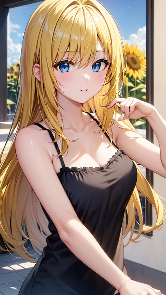 (masterpiece:1.3), (best quality:1.1), (8k, ultra detailed, ultra high res:1.2), ((anime style)), perfect 5 fingers, perfect anatomy, behind arms back, 
1girl,
BREAK long hair, wavy hair, 
(blonde hair), (blue eyes), BREAK medium breasts, (camisole, Sequins:1.2), white camisole,   
(gazing skyward, upper body:1.3), BREAK outdoor, Starry night sky, sunflower field, galaxy, 