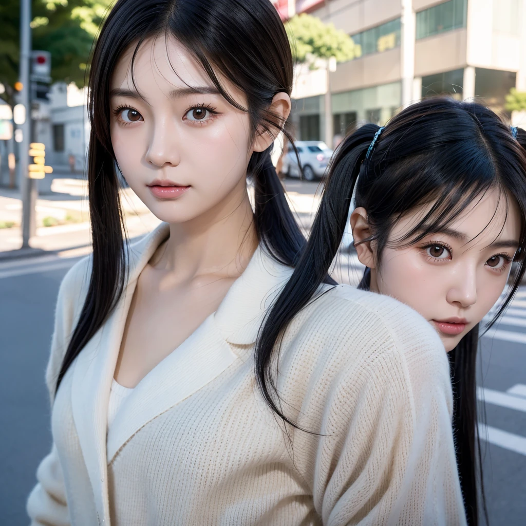 35-year-old Japanese woman、Black Hair、The hair is very short、Twin tails、High school girl cosplay、headphones、flat chest、Realistic photos、Realistic、8K quality、tall、No bangs、Street Snap、Close-up of face、Afterschool