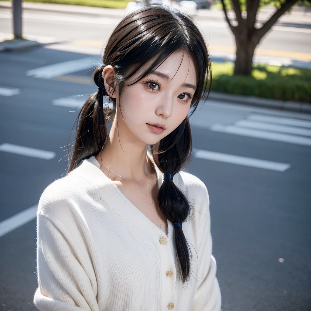 35-year-old Japanese woman、Black Hair、The hair is very short、Twin tails、High school girl cosplay、headphones、flat chest、Realistic photos、Realistic、8K quality、tall、No bangs、Street Snap、Close-up of face、Afterschool