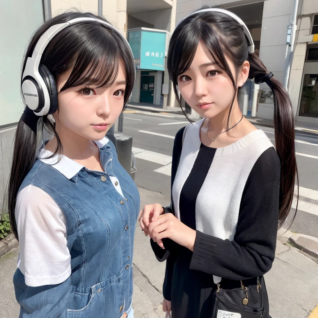 35-year-old Japanese woman、Black Hair、The hair is very short、Twin tails、High school girl cosplay、headphones、flat chest、Realistic photos、Realistic、8K quality、tall、No bangs、Street Snap、Close-up of face、Afterschool