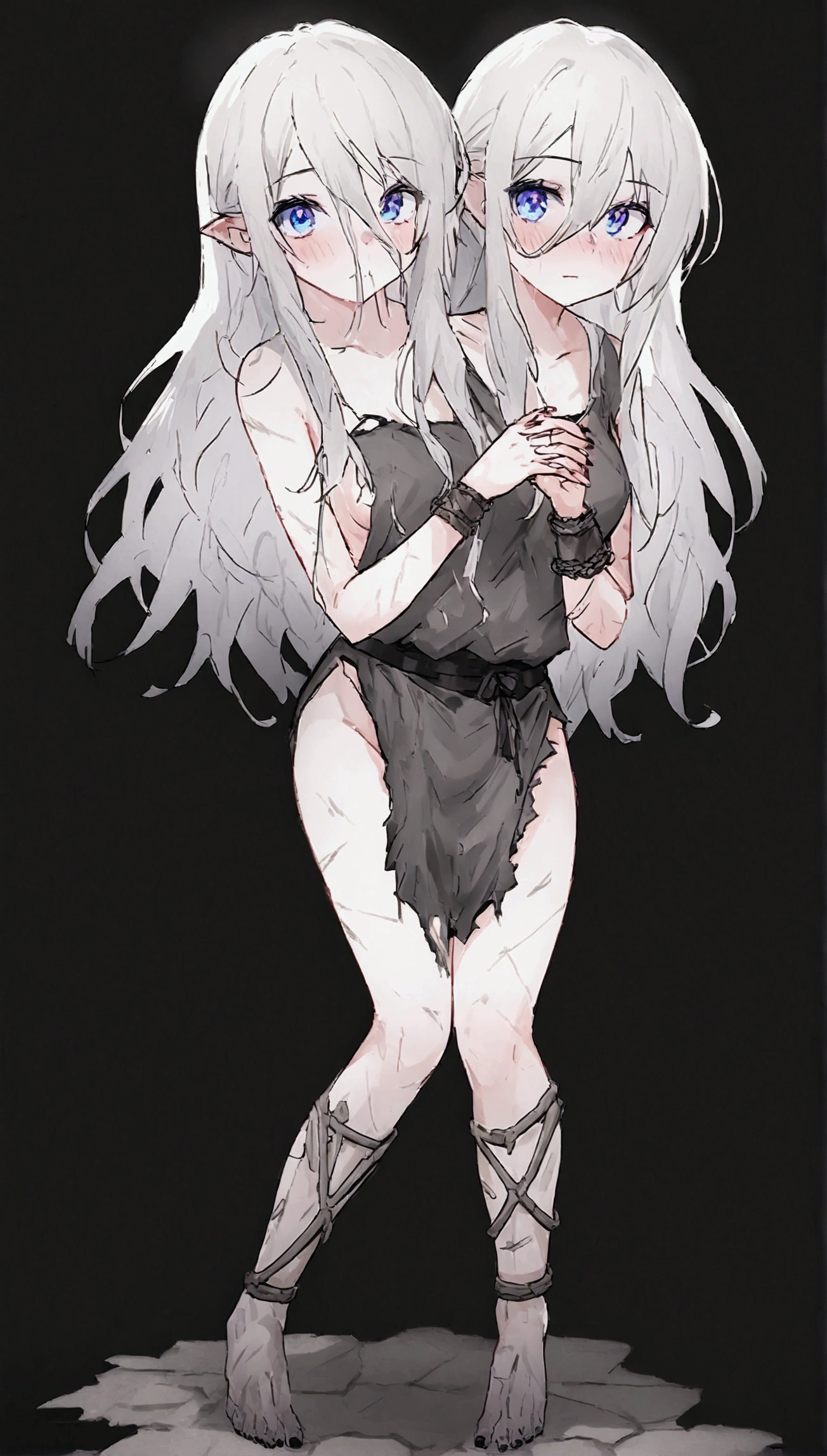 Anime. 1 girl. Two heads. Siamese twins. Slave. Dystrophic. White hair. Tangled hair. Long hair. Blue eyes. Beautiful eyes. Perfect eyes. Expressive eyes. Beautiful nose. Dystrophy. Skinny. Skin and bones. The ribs are visible through the skin. Skinny arms. Skinny legs. Medium breasts. Saggy breasts. Torn, dirty rags. Be sick. Vomits. Covering their mouths with their hands. Leaning against the wall. Standing. Slave market. Full height. Embarrassment. Blush. Whole body. Extremely detailed CG Unity 8k wallpaper. Ideal lighting. Ultra high resolution 4K. Super detailed 8K resolution.