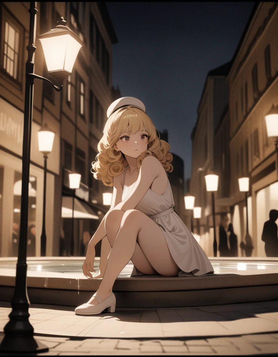 masterpiece,best Quality,ultra detailed,(Film grain:1.3), film frame, black and white illustration, 1woman,cool,curly hair,modern girl, blond hair,white round hat, long white dress, white pumps, sitting on edge of fountain, one leg raised, European street scene, building, street lamp,cinematic angle,cinematic lighting,