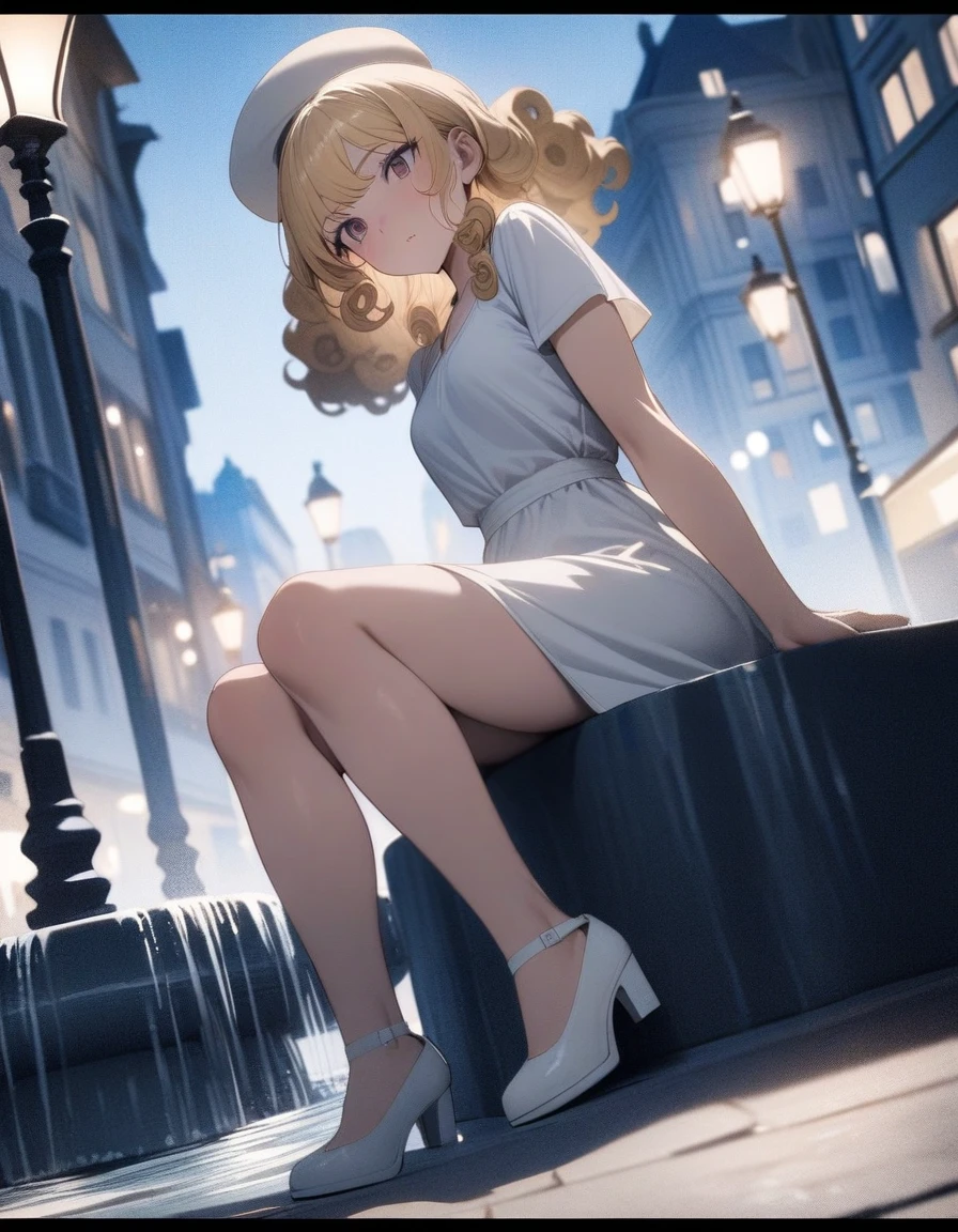 masterpiece,best Quality,ultra detailed,(Film grain:1.3), film frame, black and white illustration, 1woman,cool,curly hair,modern girl, blond hair,white round hat, long white dress, white pumps, sitting on edge of fountain, one leg raised, European street scene, building, street lamp,cinematic angle,cinematic lighting,