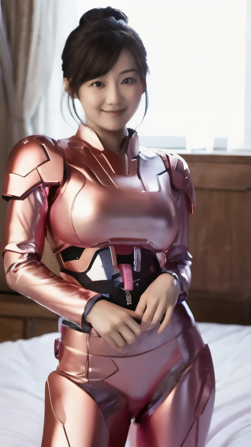 A beautiful 25 year old Japanese woman wearing bright pink light metallic powered armor:1.5,、No skin exposure:1.5, smile, ponytail, On the bed:1.3,Big Breasts:1.5