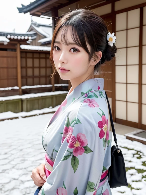 (floral printed Kimono, obi: 1.2), ((of the highest quality, 8K, masutepiece: 1.3, Raw photo)), Sharp Focus: 1.2, (1 AESPA Girl :1.1), SOLO, (Realistic, Photorealistic: 1.37), (Face Focus: 1.1), Cute face, hyperdetailed face, (updo: 1.2), (Falling snow:1.2), (Hair swaying in the wind:1), (Light reflecting snow:1.3), Japanese theme, Washi background, Filming in the Japan Garden, Beautiful Japanese makeup, A beautiful woman that symbolizes Japan culture, from behind,