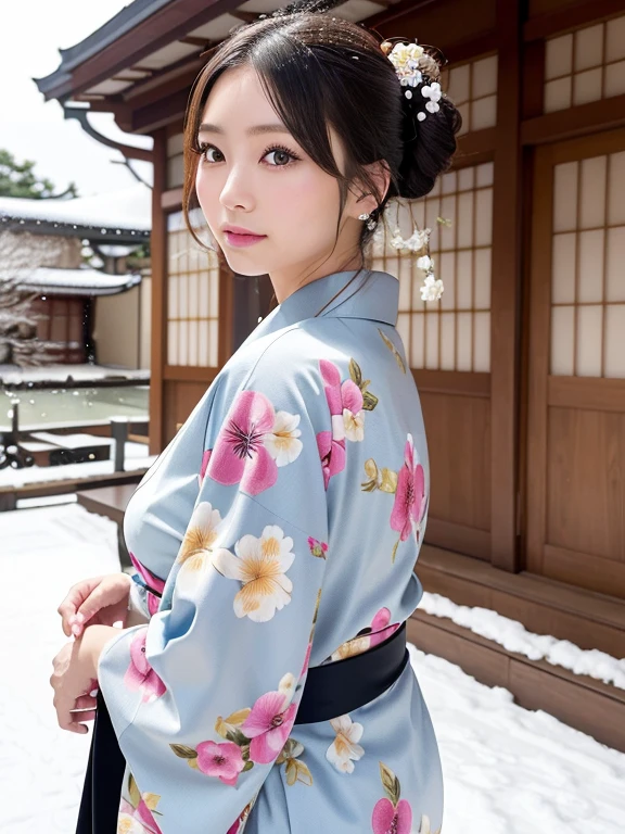 (floral printed Kimono, obi: 1.2), ((of the highest quality, 8K, masutepiece: 1.3, Raw photo)), Sharp Focus: 1.2, (1 AESPA Girl :1.1), SOLO, (Realistic, Photorealistic: 1.37), (Face Focus: 1.1), Cute face, hyperdetailed face, (updo: 1.2), (Falling snow:1.2), (Hair swaying in the wind:1), (Light reflecting snow:1.3), Japanese theme, Washi background, Filming in the Japan Garden, Beautiful Japanese makeup, A beautiful woman that symbolizes Japan culture, from behind,