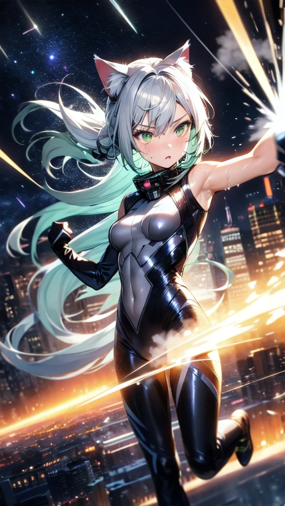 A silver-haired beautiful girl with cat ears eyes are green hair is silver and long clothes: a form-fitting black combat suit The fist is an afterimage The background is a city at night her is in a cat-like fighting pose The year is 14 years monitor, Dark Night, Sweat, Steam of Exhalation, Space, Battle, Dynamic Angle one girl