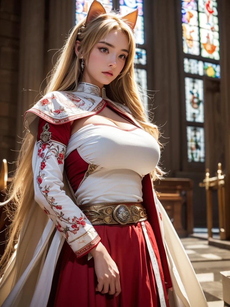 (8K, Highest quality:1.2)、masterpiece, beautiful female monk, (Attractive American Model),(( Red and white outfit))、Long sleeve、(((Cat ear)))、(( Mature Female Warrior)), ((Armor with great attention to detail)), (Strong muscular body),(Powerful arms)、 (Light blonde hair), Braiding、Disheveled Hair、((Delicate embroidery))、 High resolution, (Skin Texture:1.1), Highest quality, 超High resolution, (Realistic: 1.4), RAW Photos, Nikon D850 film stock photos, 1 1 1.6 Lenses, Rich colors, Bokeh, Sharp focus, Realistic, Cinestill 800, Backlight, Rim Light, Strong sunlight, Realistic, Realistic Shadow, 3d, (Church Background:1.2),Hair blowing in the wind、whole body、(((Ancient Fantasy Priestess))),Combat Accessories,breastplate、(Sleek skirt))、Voluminous lips、(((Big Breasts)))、((Large Breasts))、Cleavage、((Perfect Face))、Big eyes、Delicate eyes、Body-fitting armor、Looking into the camera、belt、Armor with intricate patterns、superior半身、superior、Monk Armor、Delicate hands、Robe(masterpiece:1.2), (Highest quality:1.2), Perfect Eyes, Perfect Face, Volumetric lighting, One Mature Woman,(( Mature Female Warrior)),