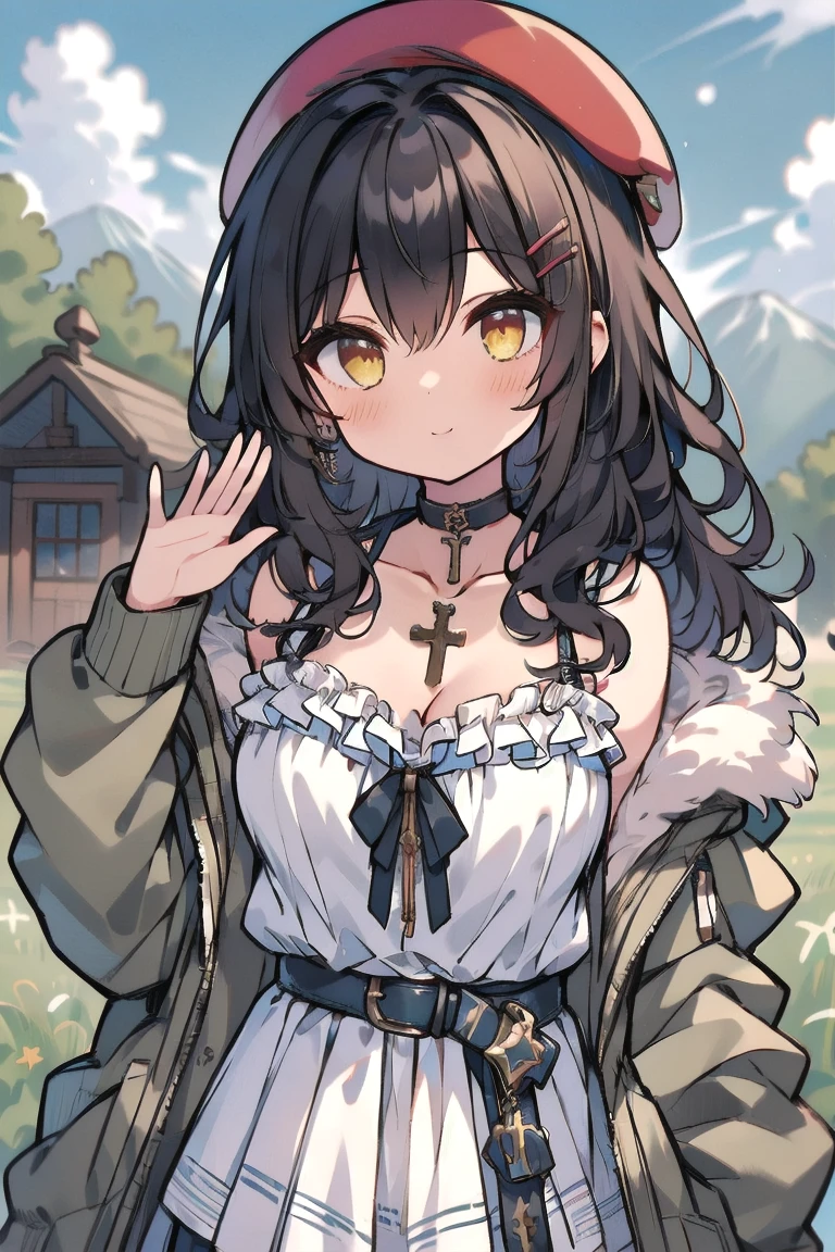 (masterpiece:1.2), (high quality:1.2), girls with((1girl, solo, black hair, yellow eyes, smiling, (wavy long hair, wearing a red beret, hairclips:1.45), blush, breasts, choker, cleavage, coat, cowboy shot, navy lace dress, camisole, ribbon waist belt, black ribbon belt, red bow, red ribbon, neck ribbon, collar, collarbone, rosary, rosary choker, cross, fur, fur trim, parka, khaki hoodie, green hoodie, khaki jacket, hood down, hooded coat, hooded jacket, hoodie, jacket, large breasts, long sleeves, medium breasts, open clothes, open coat,open hoodie, sleeveless, winter clothes, zipper, cleavage, upper body, hand up, waving, palm)), background with((architecture, blue sky, bush, castle, village, no humans, cloud, cloudy sky, day, field, garden, grass, hill, house, lamppost, landscape, mountain, mountainous horizon, nature, no humans, outdoors, scenery, shrine, sky))