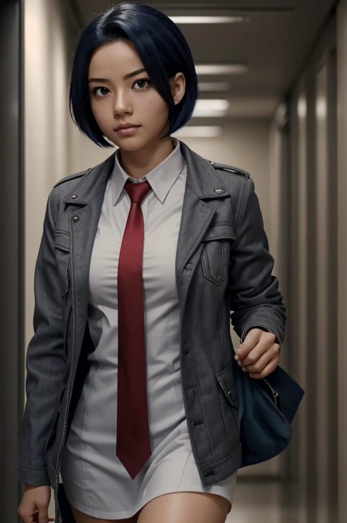 Screenshot of Boku no hero academia beautiful woman, with short bluish hair in layers straight to the shoulders, calm look, with a mole under the left eye and a mole under the eyebrow, walking down a hallway, gray jacket with red tie, looking to the camera, low angle 