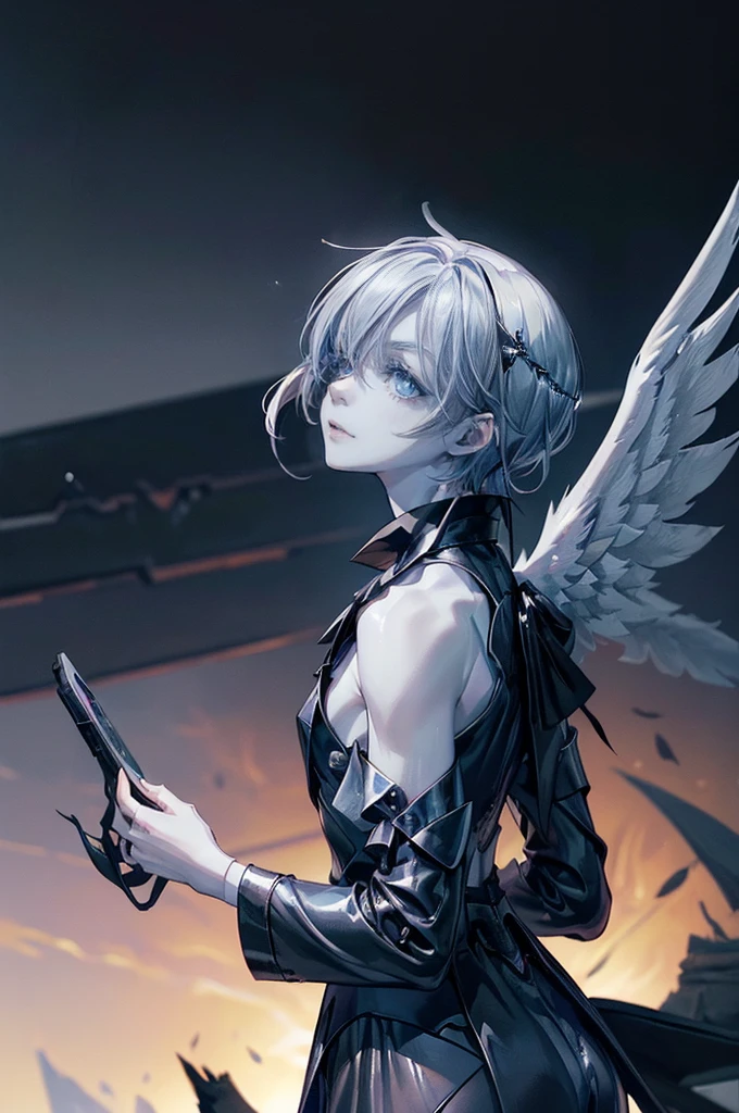 ((4K works))、​masterpiece、（top quality)、((top notch image quality))、((a gorgeous Femboy))、Slender body、((Y black shirt fashion))、( detailed eyes )、((Face similar to Chaewon in Ruseraphim))、((shoulder-length hair))、((shiny silver hair))、((Smaller face))、((Neutral face))、((Eyes light blues))、((British Femboy))、((18 years old))、((Wild Femboy))、((Wild appearance))、((Show your fangs and laugh))、((Korean makeup with black eyeshadow ))、((elongated and clear eyes))、((Taken alone))、((Fallen angel))、((Femboy fallen angel))、Fallen angel photos、Villain、((amazing photo))、Photographed by so that the whole body can be seen、horor、((There is a crow on the right shoulder))、Dark Proof、((Shot diagonally from the side))、(((Boyfriend taking a selfie))、((Cold look, fear )), (( lifeless look)), ((Pale skin))