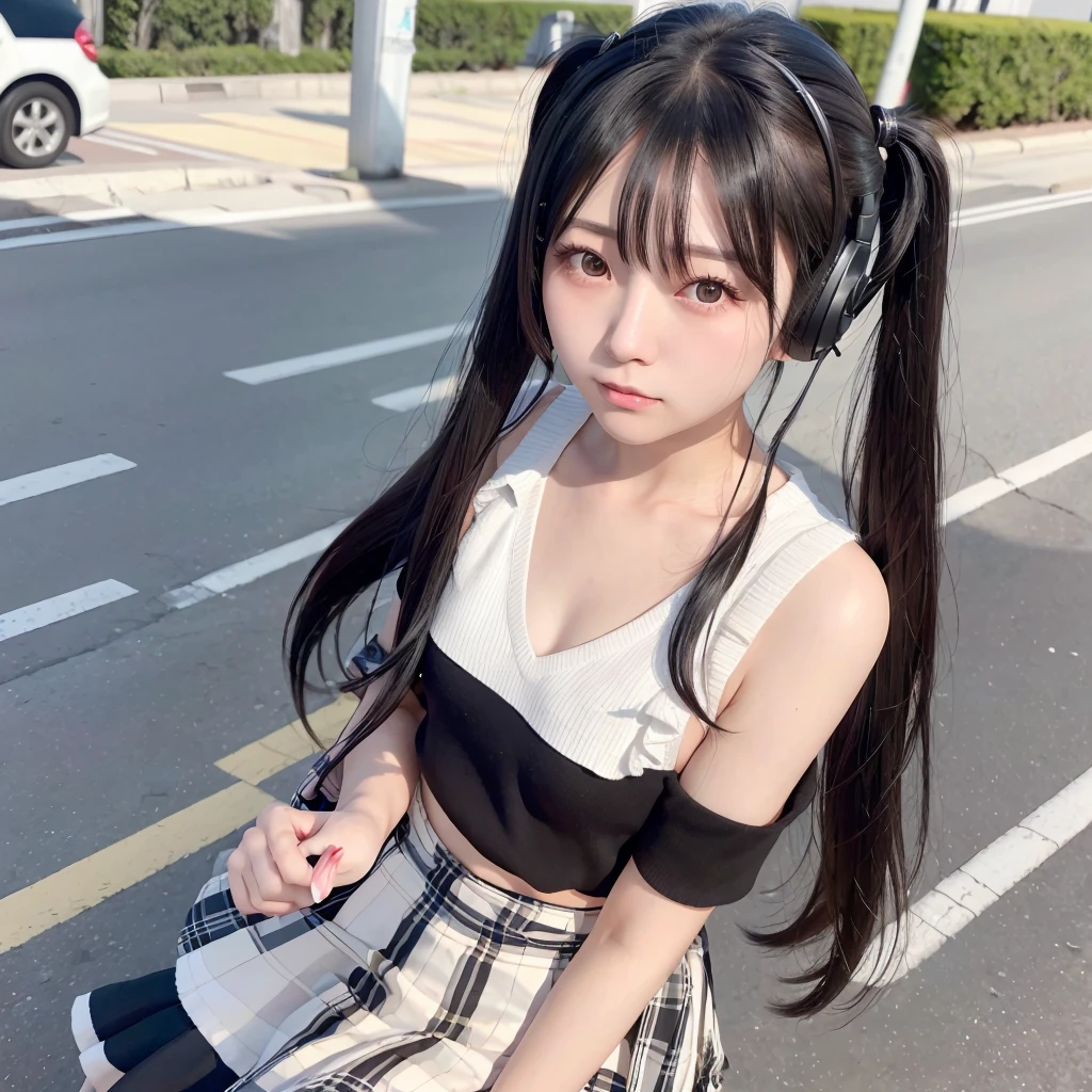 35-year-old Japanese woman、Black Hair、The hair is very short、Twin tails、High school girl cosplay、headphones、flat chest、Realistic photos、Realistic、8K quality、tall、No bangs、Street Snap、Close-up of face、Afterschool