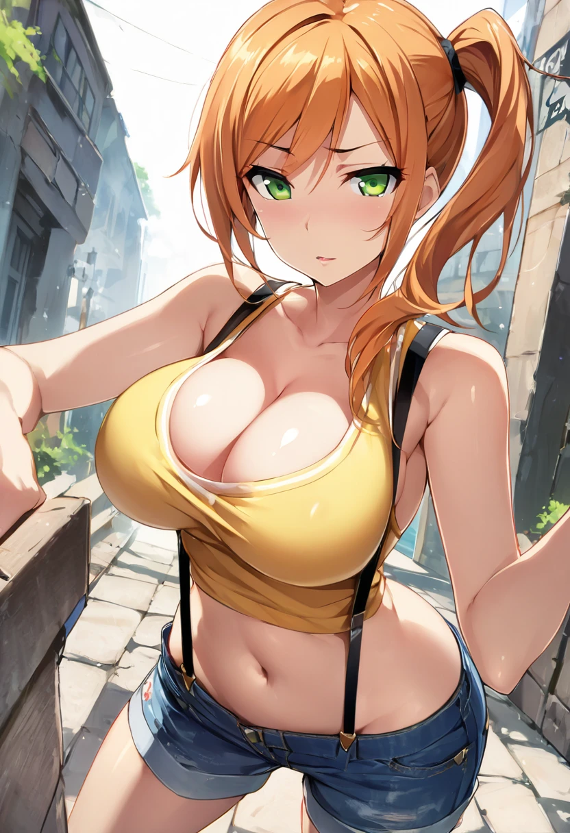 score_9,score_8_up, score_7_up,source_anime.superior,from above,below view,contrapost pose ,mediumshot, , (mature) ,(One girl:1.2), Outdoor, Green Eyes, Orange Hair, Side Ponytail, Yellow tanktop, cleavage breast,Sleeveless,navel,slender waist,Denim shorts, suspenders, Captivating look, Seductive expressions, delicate curves, ,,,mid,masterpiece,bestquality, Highest quality,absurdres