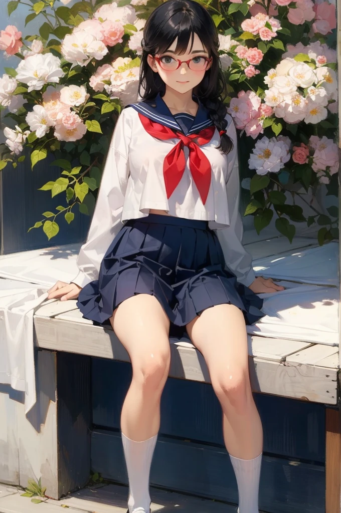 Detailed Background,Beautiful landscape painting,Botanical Art,Flower Art,(Floral:1.2), (masterpiece, Highest quality),Vibrant colors,colorful, Highest quality, Amazing details, Anatomically correct, Line art, Written boundary depth,Flat Shading,Bokeh,  girl, 15 years old, (upon: 1.3),  (School Sailor Suit、Navy Blue Skirt)、Open clothes,White socks、Black Loafers、Expressive eyes、Perfect Face。
she has black hair。sheは広い額を持っています。she has no bangs。sheの生え際。Short braid。Brow wrinkles。Black glasses。she is blushing。Big Breasts、Plump、Spread your legs。）she&#39;Not cute,From above、