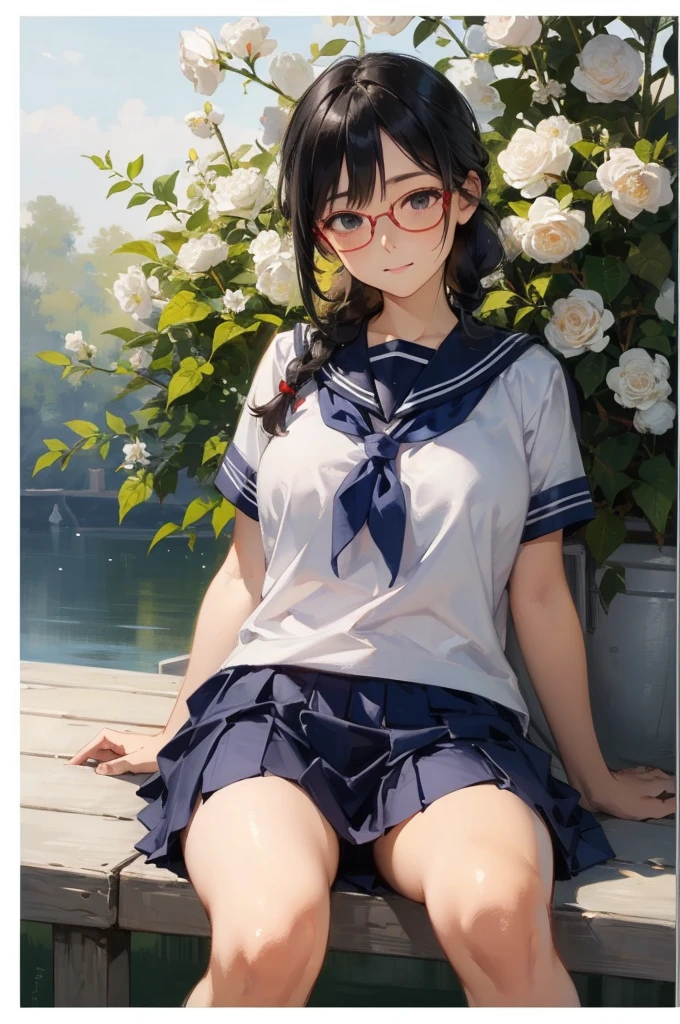 Detailed Background,Beautiful landscape painting,Botanical Art,Flower Art,(Floral:1.2), (masterpiece, Highest quality),Vibrant colors,colorful, Highest quality, Amazing details, Anatomically correct, Line art, Written boundary depth,Flat Shading,Bokeh,  girl, 15 years old, (upon: 1.3),  (School Sailor Suit、Navy Blue Skirt)、Open clothes,White socks、Black Loafers、Expressive eyes、Perfect Face。
she has black hair。sheは広い額を持っています。she has no bangs。sheの生え際。Short braid。Brow wrinkles。Black glasses。she is blushing。Big Breasts、Plump、Spread your legs。）she&#39;Not cute,From above、