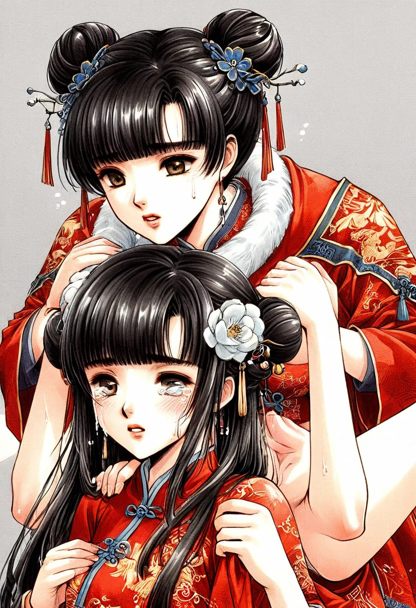 Period drama manga style A 15-year-old super beautiful Chinese girl with black hair in a bun cut(1 person) She is wearing a royal long-sleeved Chinese dress She is forced to cry after being embraced by the perverted old emperor and given a deep kiss She exposes her nipples and gets fucked by The Body Builder She puts her arms around his neck She wraps her legs around his body Sex in the Ekiben position