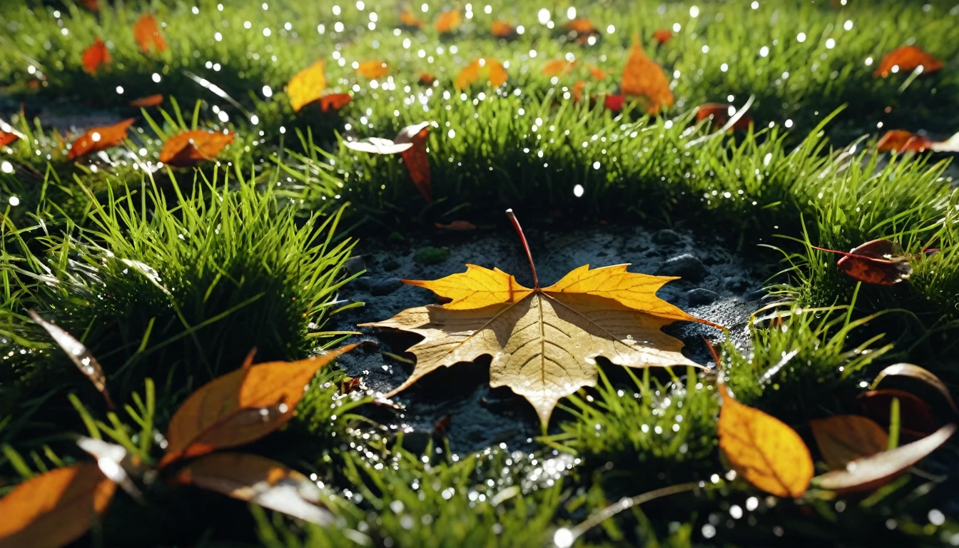 there is a round leaves that is sitting on the grass,late night, magical round leaves leaves falling, snow is falling thinly,nature documentry footage, youtube video screenshot, today's featured photography 4k, autumn rain turkel, nature photography 4k, november, cinematic widescreen shot, leaves and magic, high quality screenshot, 2 0 2 1 cinematic 4 k framegrab, wide screenshot
