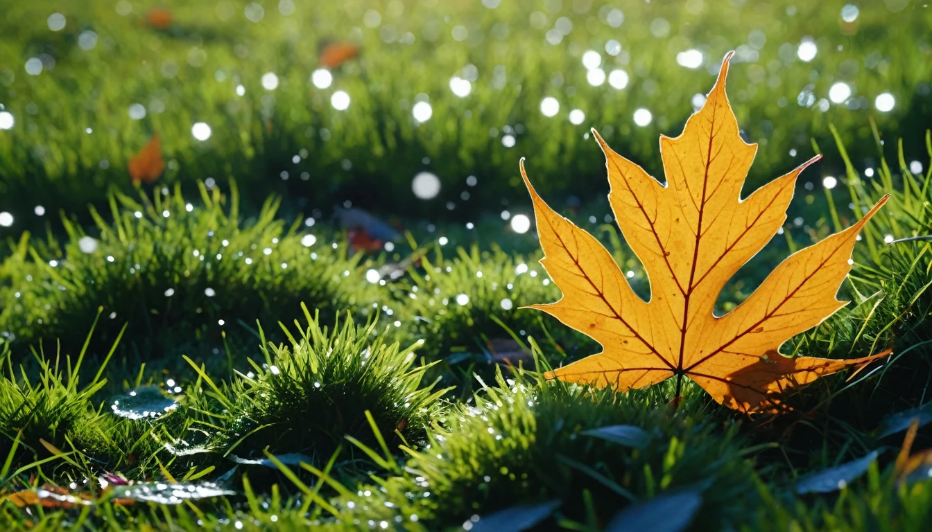 there is a round leaves that is sitting on the grass,late night, magical round leaves leaves falling, snow is falling thinly,nature documentry footage, youtube video screenshot, today's featured photography 4k, autumn rain turkel, nature photography 4k, november, cinematic widescreen shot, leaves and magic, high quality screenshot, 2 0 2 1 cinematic 4 k framegrab, wide screenshot