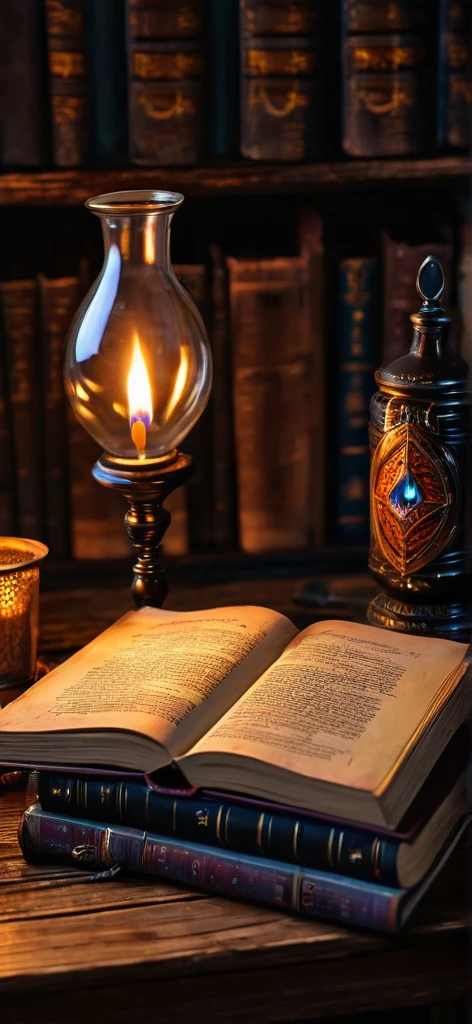 Image of a book on a wooden table, potion glass image on the book cover ,book labled as potions , black book , a mages potion book , big book , lot of pages on the book , potion glasses near book , candles glowing near book , bright light insidr the room