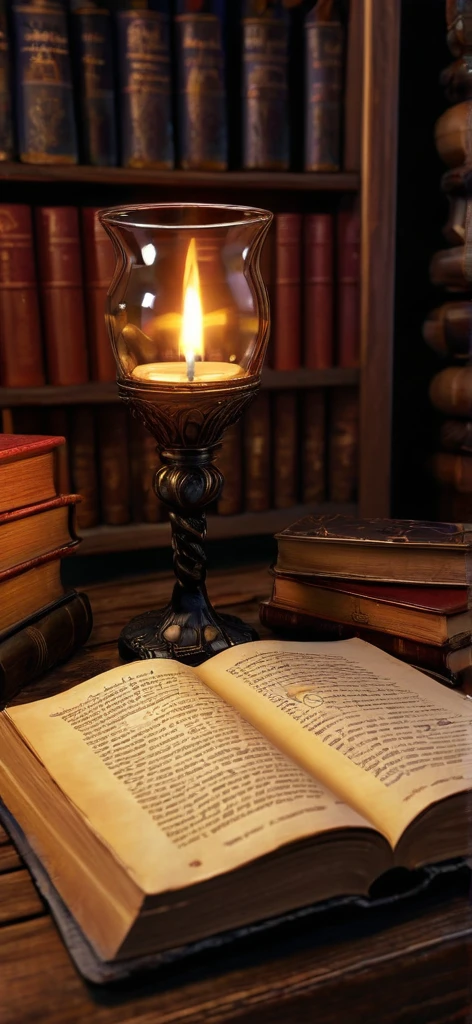 Image of a book on a wooden table, potion glass image on the book cover ,book labled as potions , black book , a mages potion book , big book , lot of pages on the book , potion glasses near book , candles glowing near book , bright light insidr the room