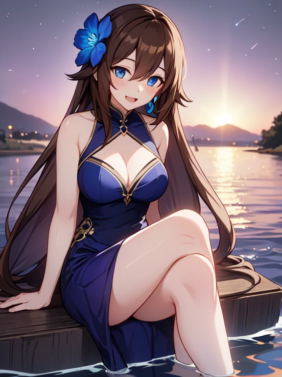 vibrant colors, female, masterpiece, sharp focus, best quality, depth of field, cinematic lighting, girl having fun on the water, but you can't help to imagine the beautiful landscape in which she is resting, 1girl, solo, long hair, flower, hair ornament, water, hair flower, breasts, dress, brown hair, blue eyes, looking at viewer, blue dress, cleavage, sitting, bangs, open mouth, smile, blush, outdoors, hair between eyes, blue flower