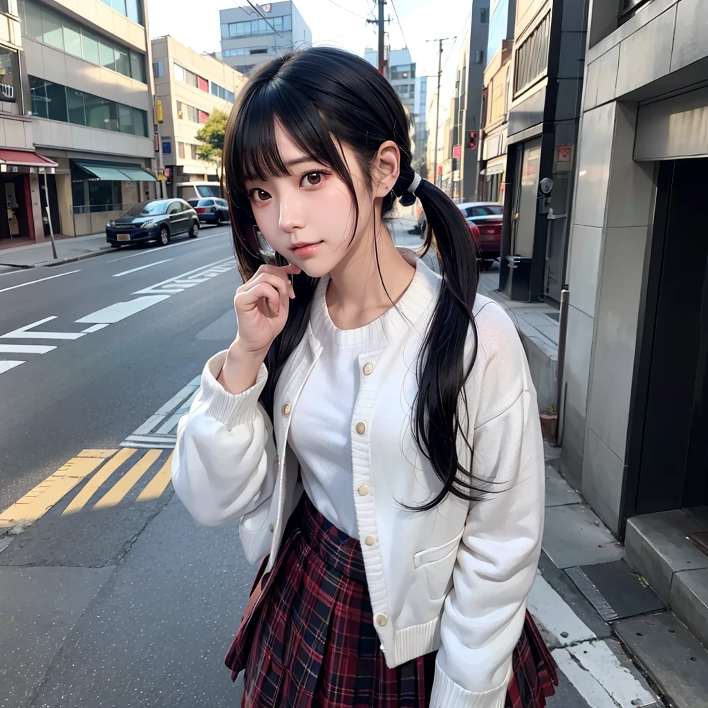 35-year-old Japanese woman、Black Hair、The hair is very short、Twin tails、High school girl cosplay、headphones、flat chest、Realistic photos、Realistic、8K quality、tall、No bangs、Street Snap、Close-up of face、Afterschool