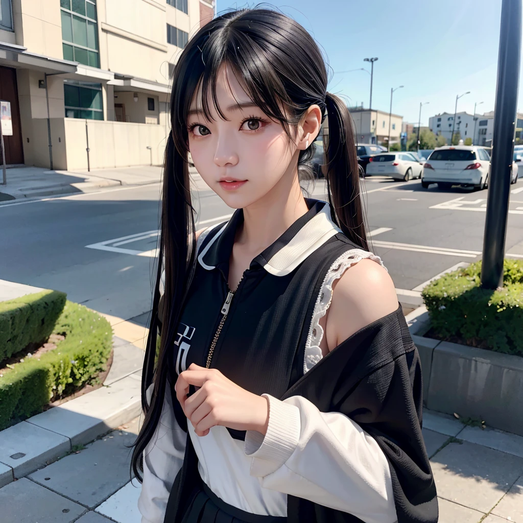 35-year-old Japanese woman、Black Hair、The hair is very short、Twin tails、High school girl cosplay、headphones、flat chest、Realistic photos、Realistic、8K quality、tall、No bangs、Street Snap、Close-up of face、Afterschool