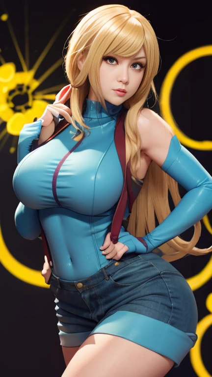 Samus has large breasts and she has a cute face and she is wearing a misty cosplay 