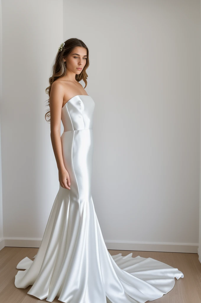 Best quality, 8k, 32k, Masterpiece, Masterpiece, (Photorealistic: 1.4), RAW photo, ultra realistic, 1girl, Fashion model, Wearing a long mermaid wedding dress, satin fabric, full length view, pose Stand upright in white room with a minimalist design, featuring white walls and a clean, modern aesthetic.