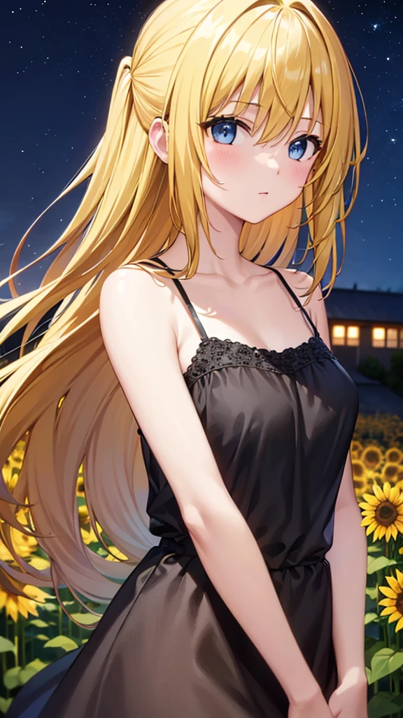 (masterpiece:1.3), (best quality:1.1), (8k, ultra detailed, ultra high res:1.2), ((anime style)), perfect 5 fingers, perfect anatomy, behind arms back,
1girl,
BREAK long hair, wavy hair,
(blonde hair), (blue eyes), BREAK medium breasts, (camisole, Sequins:1.2), white camisole,
(gazing skyward, upper body:1.3), BREAK outdoor, Starry night sky, sunflower field, galaxy,