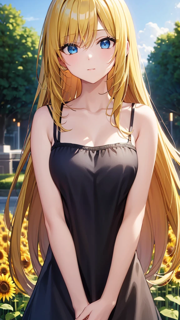 (masterpiece:1.3), (best quality:1.1), (8k, ultra detailed, ultra high res:1.2), ((anime style)), perfect 5 fingers, perfect anatomy, behind arms back, 
1girl,
BREAK long hair, wavy hair, 
(blonde hair), (blue eyes), BREAK medium breasts, (camisole, Sequins:1.2), white camisole,   
(gazing skyward, upper body:1.3), BREAK outdoor, Starry night sky, sunflower field, galaxy, 