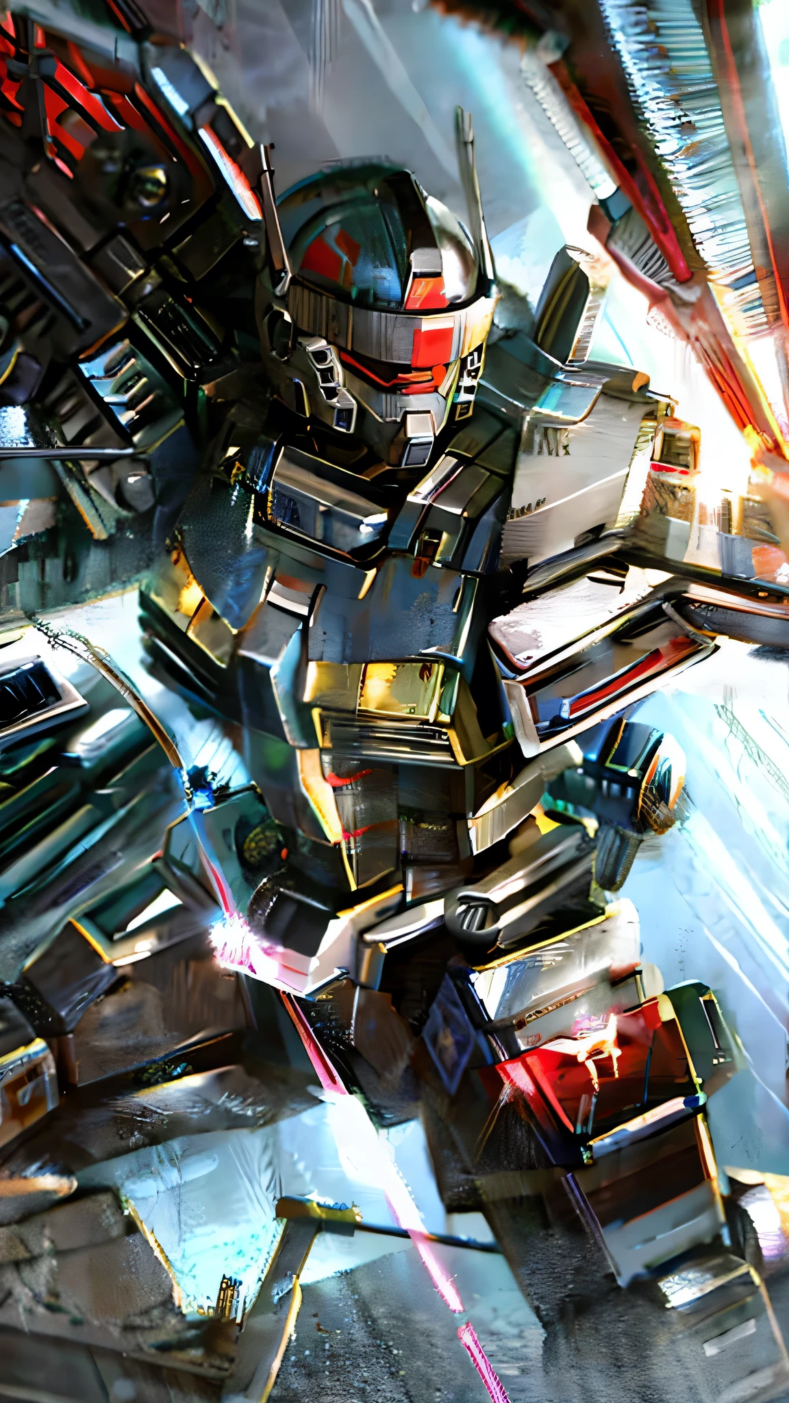 最high quality、Best image quality、masterpiece、Giant Mecha((humanoid、Railgun、Bulletproof vest、Jetpack、Red visor、Run、Chainsaw,Full of wounds,gas mask、Gold Color、Fighting Pose、Muscular,destruction))high quality、Beautiful art、background((underground,Fighting the monsters)),Tabletop、Exquisite design、Visual Arts、Written boundary depth、Best lighting、The finest details、8k