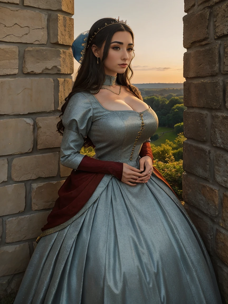 Beautiful and regal, imperious and aloof, busty athletic (thin) brunette queen with sharp facial features wearing a modest updo, dark red medieval dress, long sleeves, intricate patterns, embroidery, wide neck, crown, veil, long dress, modest dress, tight bodice, silver (waist chain), medieval jewelry, Middle Ages, castle, rampart, wall, exterior, on top of a castle wall, trees, countryside, evening, sunset.