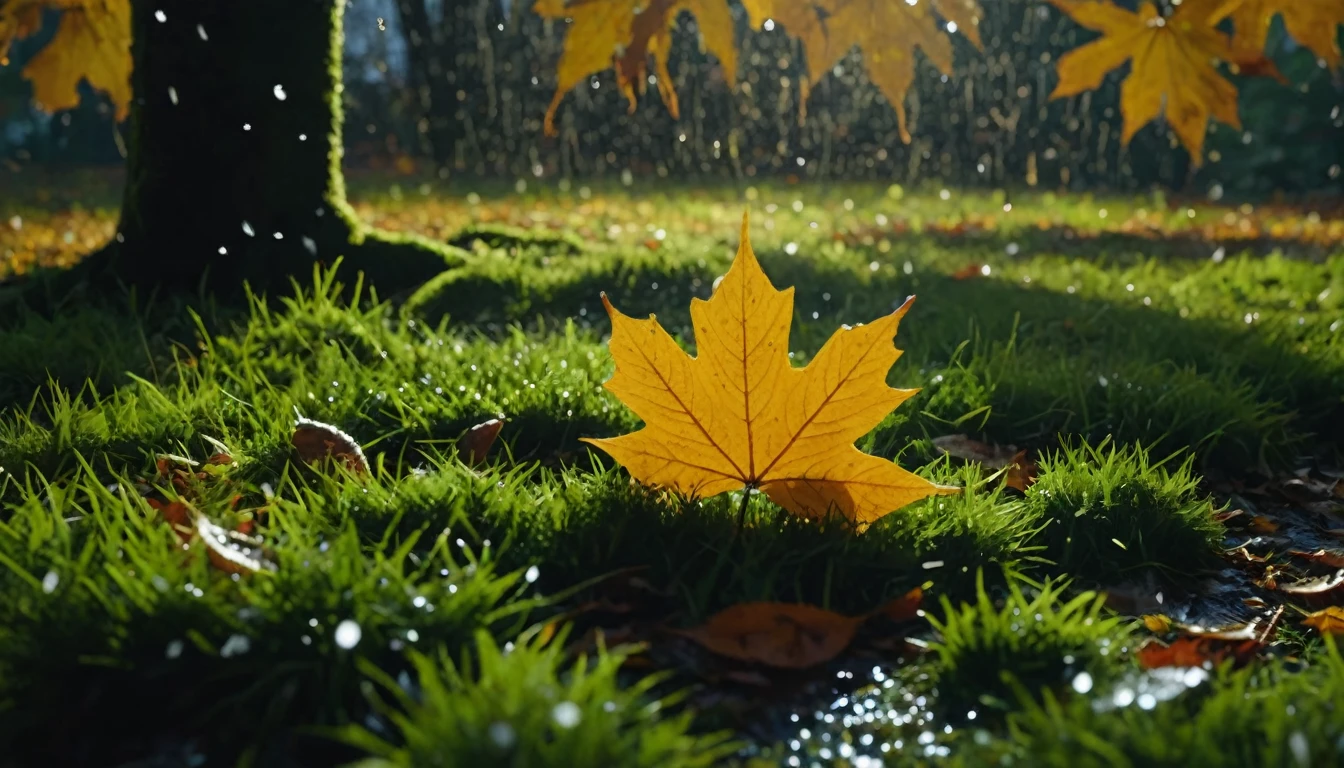 there is a round that is sitting on the grass,late night, magical round leaves leaves falling, snow is falling thinly,nature documentry footage, youtube video screenshot, today's featured photography 4k, autumn rain turkel, nature photography 4k, november, cinematic widescreen shot, leaves and magic, high quality screenshot, 2 0 2 1 cinematic 4 k framegrab, wide screenshot