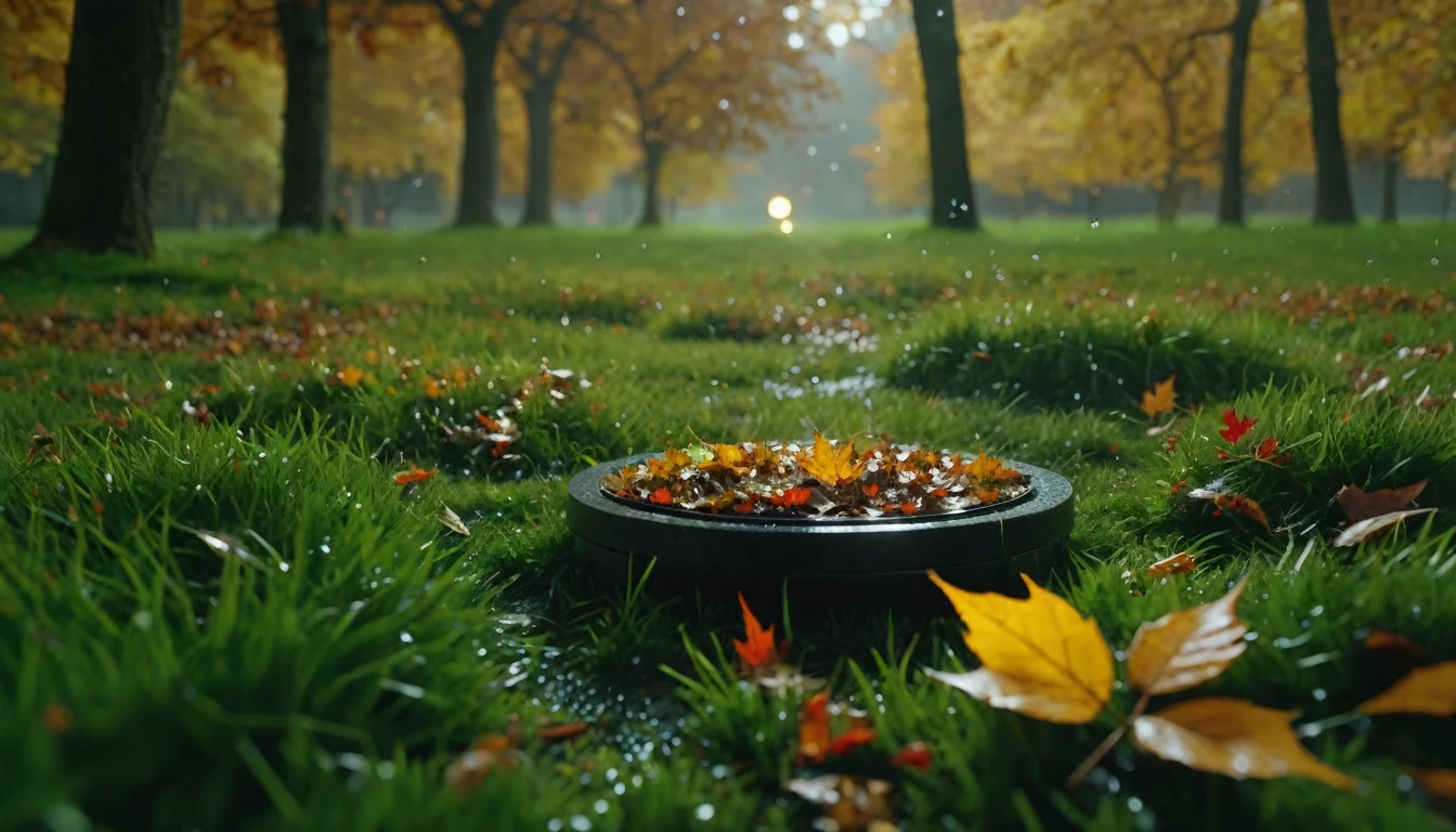 there is a round that is sitting on the grass,late night, magical round leaves leaves falling, snow is falling thinly,nature documentry footage, youtube video screenshot, today's featured photography 4k, autumn rain turkel, nature photography 4k, november, cinematic widescreen shot, leaves and magic, high quality screenshot, 2 0 2 1 cinematic 4 k framegrab, wide screenshot