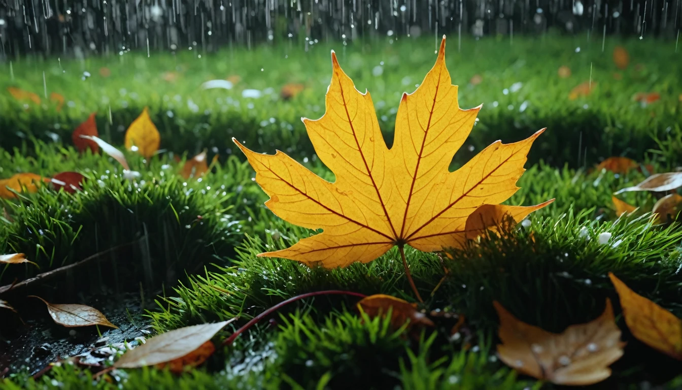 there is a round that is sitting on the grass,late night, magical round leaves leaves falling, snow is falling thinly,nature documentry footage, youtube video screenshot, today's featured photography 4k, autumn rain turkel, nature photography 4k, november, cinematic widescreen shot, leaves and magic, high quality screenshot, 2 0 2 1 cinematic 4 k framegrab, wide screenshot