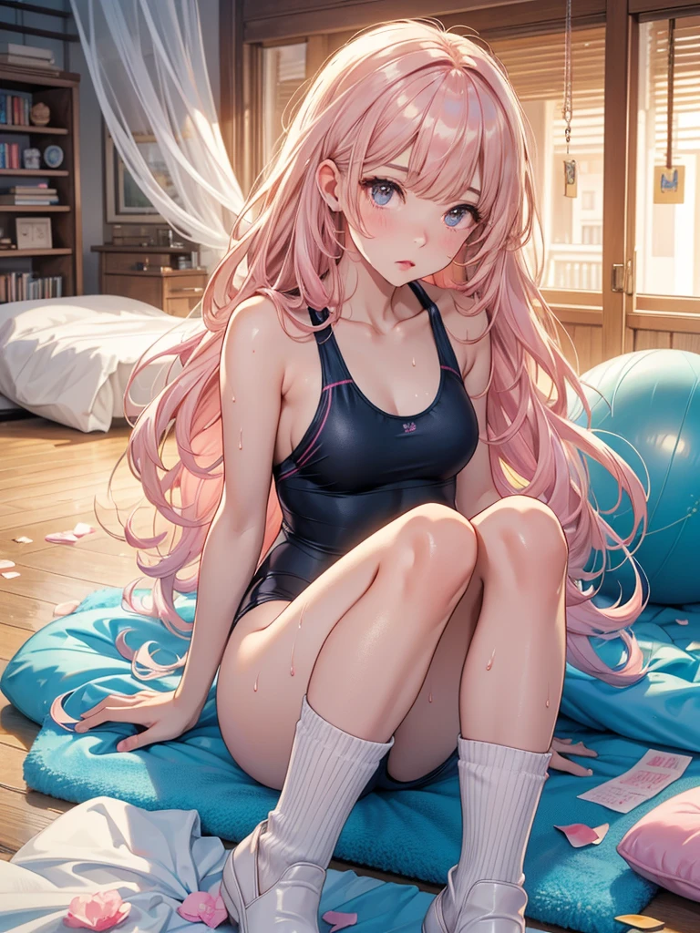 The whole body is covered in oilで光沢感がある　Tissue paper cut into small pieces,　 A small crumpled roll of tissue paper, A small piece of tissue paper that had fallen to the ground, torn apart and crumpled,　Excessive sweating on the face,Sweat dripping down,Sitting on an old bed,　Duvet with a light yellow stain　Old gym mat ,Gymnasium Warehouse,　There are lots of small rolled up tissue papers on the floor. ,　Crumpled garbage is scattered everywhere.,　Very old gym mat, 　 Messy room,　　Dimly lit room　Hardwood Floors　Scattered small rolled tissue papers　Upper body sailor suit, Lower body swimsuit　Inner swimwear　Illustration Style　Anime Style　Small lips　Face of Shame　Embarrassing　beautiful girl　Very cute clothes　Cheeks pink　Light purple hair　Blonde long hair　super curly hair　Super long sideburns　Rubber clothing　hair band　Pearl white silk tights that become transparent when wet　White super long boots　Big eyes　Hanging eyes　Angry　Blushing　Shocking Pink Rouge　Sweating profusely　　A small roll of tissue paper　The whole body is wet from rain　Mucus clings to the whole body　Steam coming out of the whole body　Steam rises across the screen.　White Breath　Haa　The whole body is covered in oil　evening　Overall orange background　Sunset sunshine