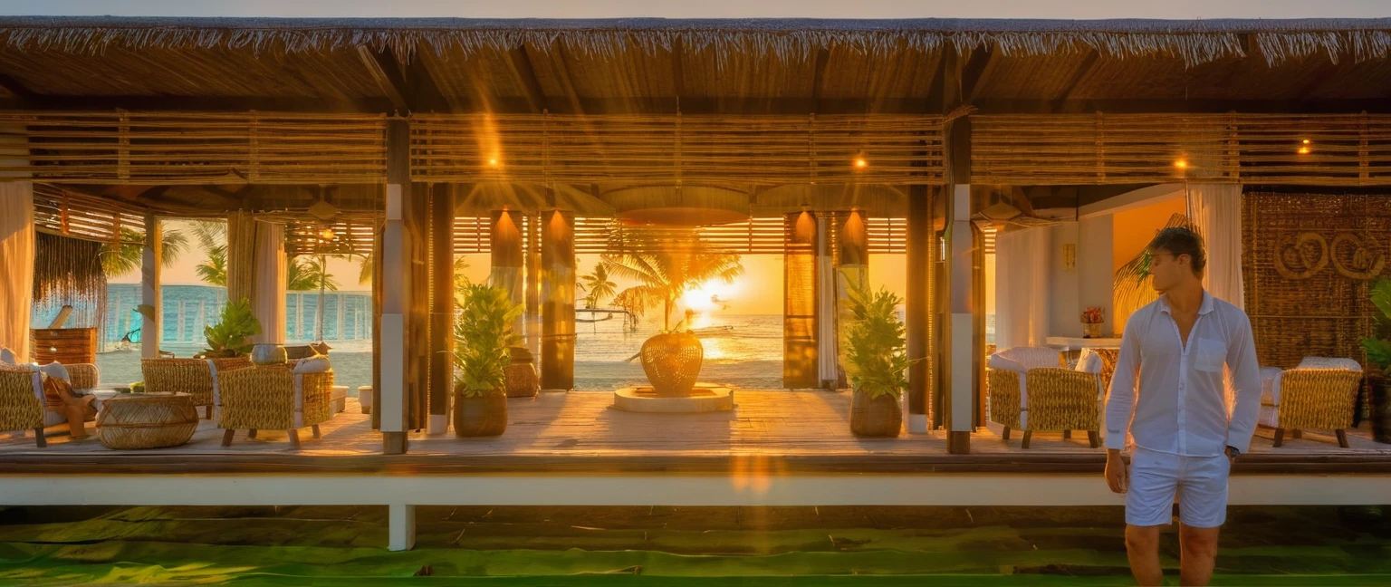 wooden Local caft Resort , coconut trees, greenery landscape, along the white beach, clear sky, sunrise time, warm lighting RAW Photo, RAW texture, Super Realistic, 32K UHD, DSLR, soft lighting, high quality, film rating, Fujifilm XT3 