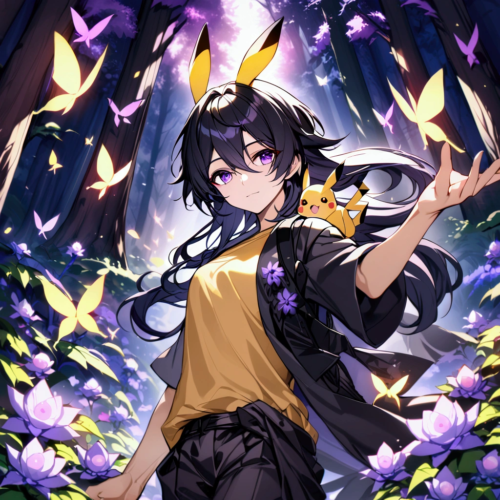 Male with yellow tshirt, pikachu on shoulder, forest,purple dark light, absurdres, highres, ultra detailed, HDR, master piece, best quality, black hair, expressive purple eyes, black clothes, magical, fantasy, shining, purple flowers, blossoms, yellow butterflies, medium shot