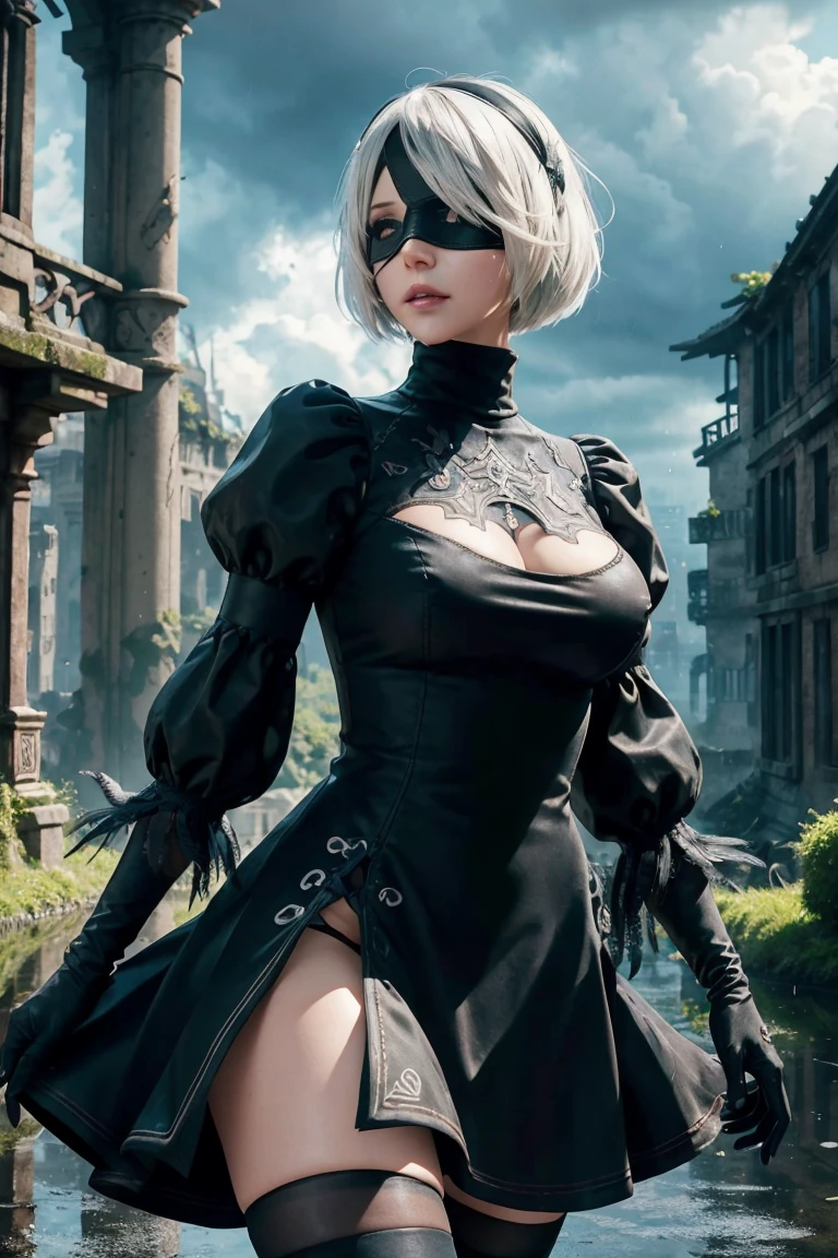 2B Nier Automata,Bobcut, Gray Hair,Long sleeve, Juliet Sleeve, White gloves, turtleneck, bangs, Feather ornament, Feather ornament sleeves, Blindfold, Black Goth Dress,Beautiful back view,Japanese Ultra HD,super high quality,masterpiece,Digital SLR,Photorealistic,Detailed details,Vivid details,Depicted in detail,A detailed face,Detailed details,Super Detail,Realistic skin texture,Anatomical basis,Perfect Anatomy,Anatomically correct hand,Anatomically correct fingers,Complex 3D rendering,Sexy pose,Rainy Sky,Beautiful scenery,Fantastic rainy sky,Fantasy worldview,Picturesque,Pink Lips,Black butterfly々Fluttering,A ruined world,A devastated battlefield,ruins,