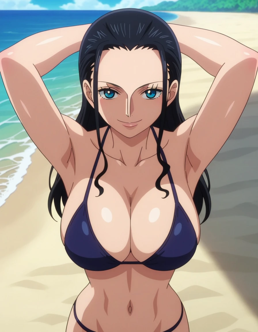 score_9, score_8_up, best quality, source_anime, anime screencap, one_piece_style, Nico Robin, black hair, long hair, blue eyes, large breasts, black bikini, looking at viewer, smile, cleavage, dynamic angle, standing, looking at viewer, beach, arms behind head