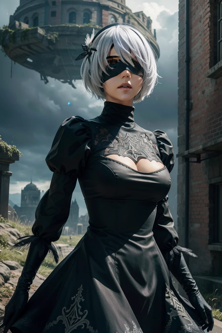 2B Nier Automata,Bobcut, Gray Hair,Long sleeve, Juliet Sleeve, White gloves, turtleneck, bangs, Feather ornament, Feather ornament sleeves, Blindfold, Black Goth Dress,Photograph the whole body,Japanese Ultra HD,super high quality,masterpiece,Digital SLR,Photorealistic,Detailed details,Vivid details,Depicted in detail,A detailed face,Detailed details,Super Detail,Realistic skin texture,Anatomical basis,Perfect Anatomy,Anatomically correct hand,Anatomically correct fingers,Complex 3D rendering,Sexy pose,Rainy Sky,Beautiful scenery,Fantastic rainy sky,Fantasy worldview,Picturesque,Pink Lips,Black butterfly々Fluttering,A ruined world,A devastated battlefield,ruins,