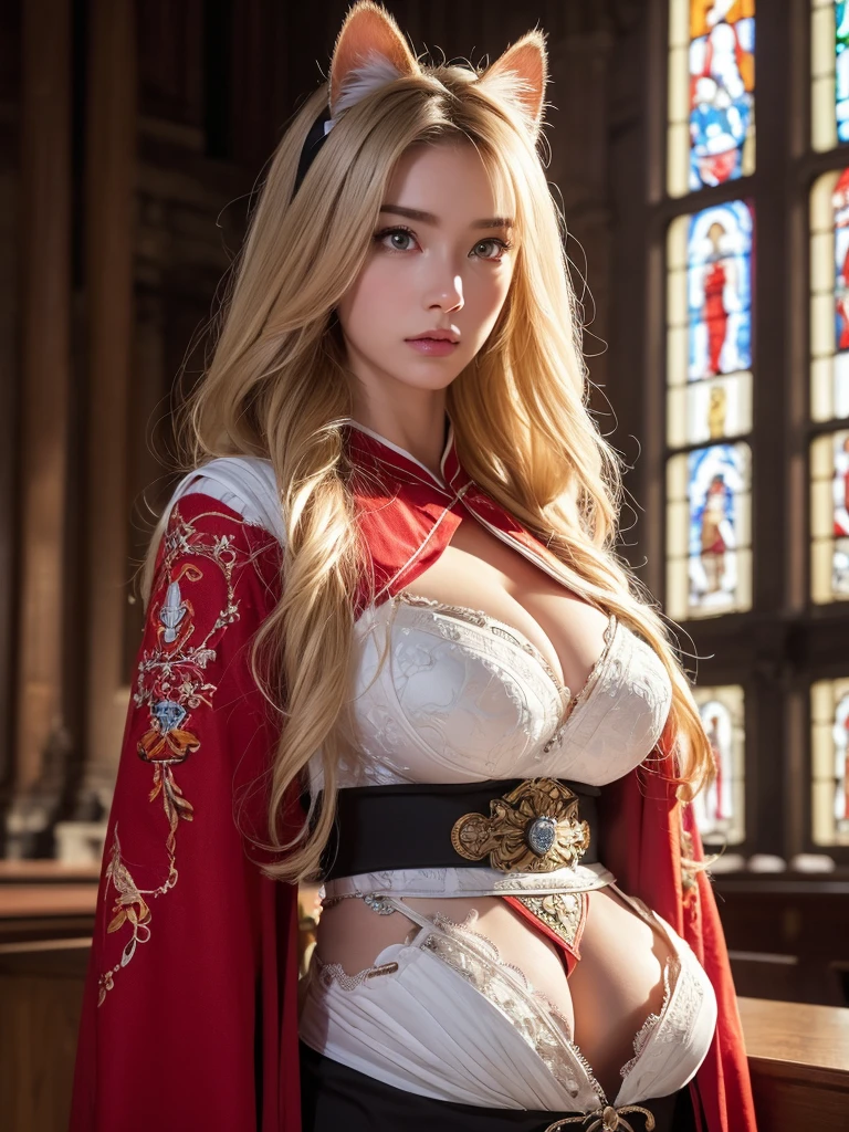 (8K, Highest quality:1.2)、masterpiece, beautiful female monk, (Attractive American Model),(( Red and white outfit))、Long sleeve、(((Cat ear)))、(( Mature Female Warrior)), ((Armor with great attention to detail)), (Strong muscular body),(Powerful arms)、 (Light blonde hair), Braiding、Disheveled Hair、((Delicate embroidery))、 High resolution, (Skin Texture:1.1), Highest quality, 超High resolution, (Realistic: 1.4), RAW Photos, Nikon D850 film stock photos, 1 1 1.6 Lenses, Rich colors, Bokeh, Sharp focus, Realistic, Cinestill 800, Backlight, Rim Light, Strong sunlight, Realistic, Realistic Shadow, 3d, (Church Background:1.2),Hair blowing in the wind、whole body、(((Ancient Fantasy Priestess))),Combat Accessories,breastplate、(Sleek skirt))、Voluminous lips、(((Big Breasts)))、((Large Breasts))、Cleavage、((Perfect Face))、Big eyes、Delicate eyes、Powerful gaze、Body-fitting armor、Looking into the camera、belt、Armor with intricate patterns、superior半身、superior、Monk Armor、Delicate hands、Robe(masterpiece:1.2), (Highest quality:1.2), Perfect Eyes, Perfect Face, Volumetric lighting, One Mature Woman,(( Mature Female Warrior)),