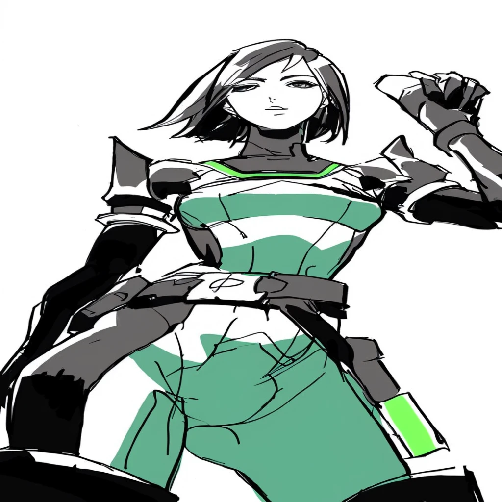 a drawing of a woman in a green and white outfit, girl in Mecha cyber armor, conceptual piece, dishonest anime girl, # Mecha, portrait girl of the zodiac, android heroine, female Mecha, full body concept, badass pose, in opal armor, mecha human, eco de overwatch