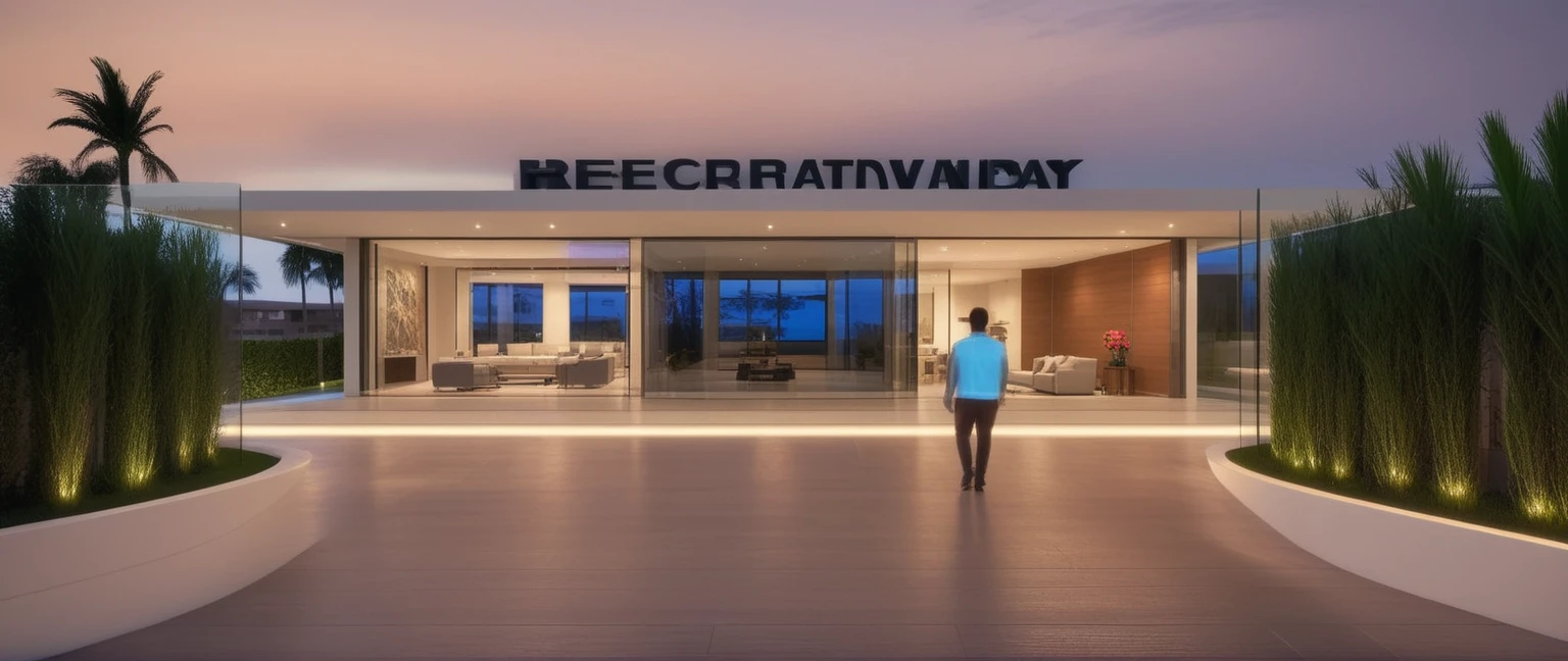 Ultra-realistic 8k, hd image quality, sharp detail, (RESORT :1.2) , HOTEL, main materials: white walls, wooden ceiling accents, large glass windows, roads, cars, sidewalks, American Palm trees high, has a small alley, located in a residential area, modern style, shimmering sky, sunset light, feels peaceful, beautiful, close and warm, ((Warm light from indoor:1.3)), (daylight:1.2), perfect lighting,dynamic light,2 large glass doors,((1 large glass window:1.3)), (night light), (colorful flowers in front of the house)