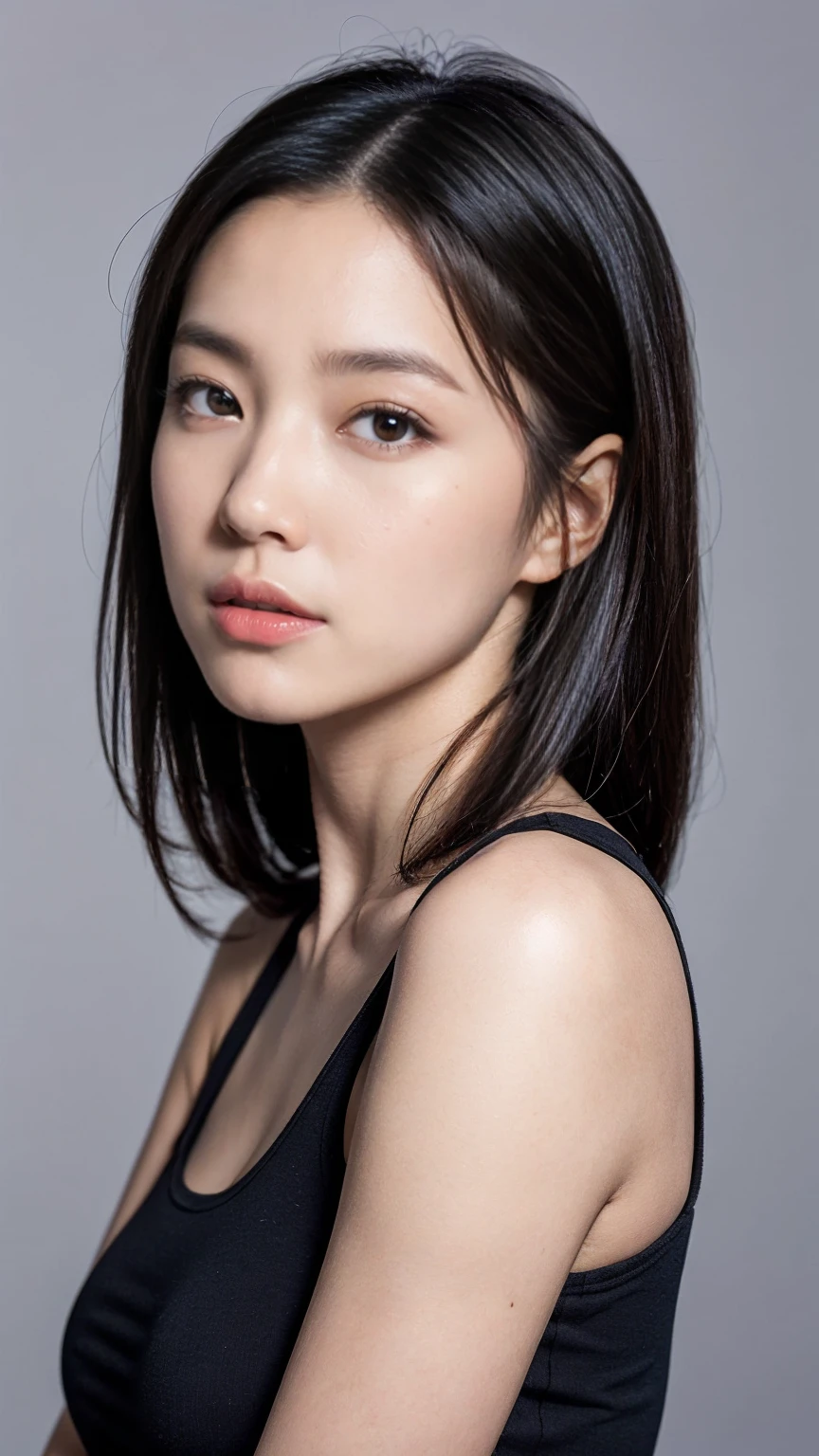 Create a realistic portrait of a young woman with a calm and serene expression。She has long, straight, dark brown hair、Her hair frames her face.、Extends to the shoulders。Her skin is white and smooth,、Has a natural and soft glow。Her eyes are big、Expressive、It is a light greyish blue color.。Her eyebrows are well defined、Slightly arched。Her nose is small and straight、Lips are plump and naturally pink。She is wearing a black tank top、The background is a neutral grey to highlight her features.。