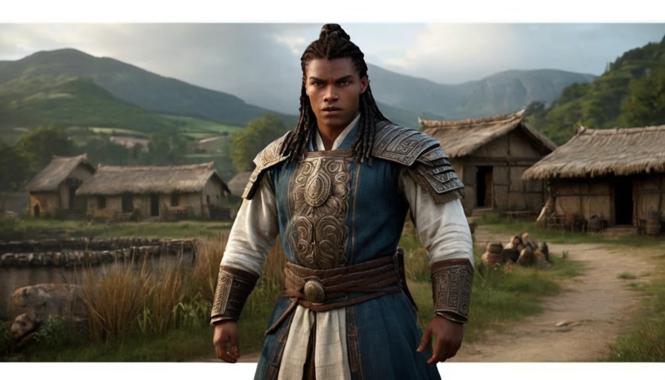 Characters: young Lucian, Description: showing signs of power from a young age, Era: ancient mythological times, Clothing: simple traditional attire, Location: small Debele village, Action: standing with a determined look, Background: village scene, Shot type: close-up, Style: hyper-realistic, photo realism, cinematography